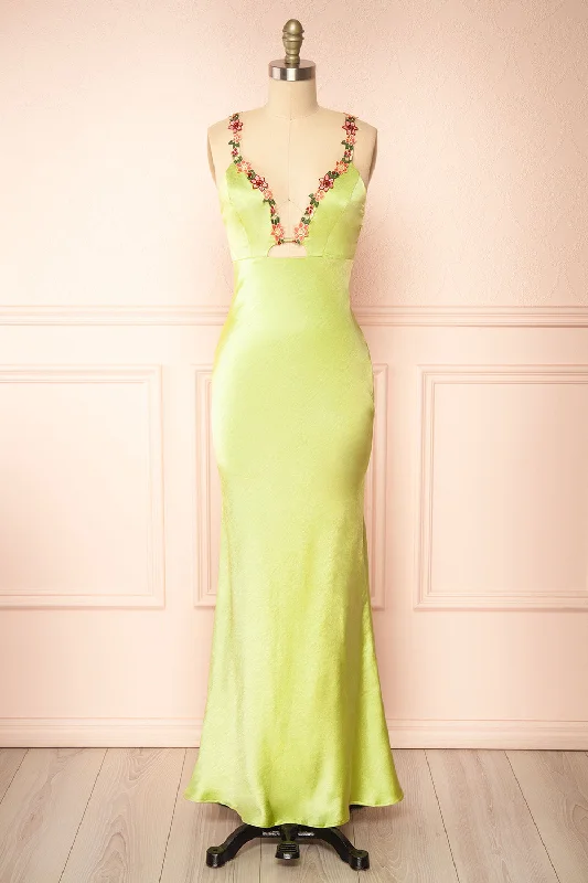 Midi dresses with metallic threads for a glamorous evening eventEnvya Green | Satin Maxi Dress w/ Floral Embroidery