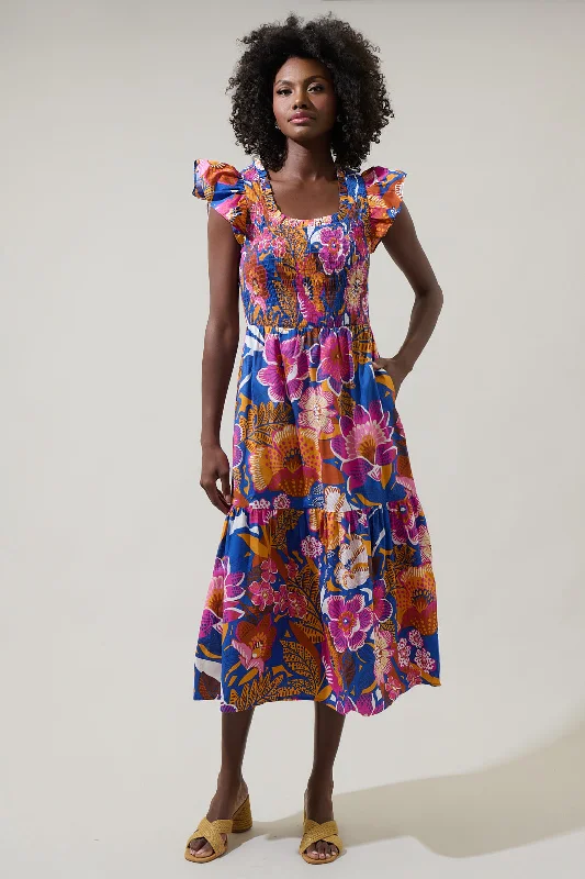 Midi dresses with V - necklines for a flattering and elongating effectEveline Floral Giza Glare Smock Tiered Midi Dress