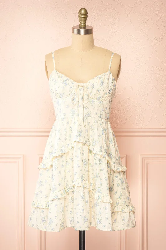 Midi dresses with ruffled sleeves for a more feminine and voluminous lookFaelle | Short Cream Dress w/ Floral Pattern