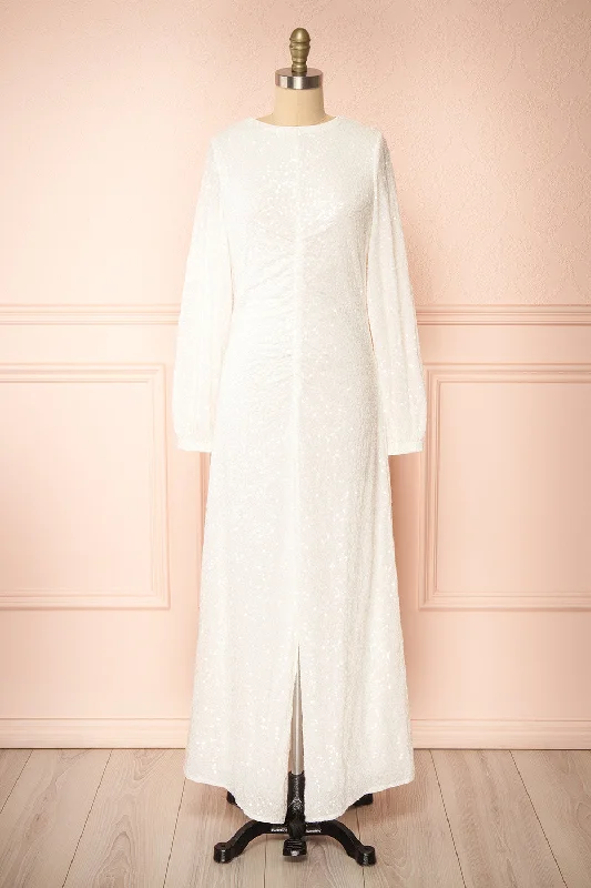 Midi dresses with pleated skirts for a timeless and elegant appealFairlie | White Maxi Dress w/ Sequins Midi dresses with pleated skirts for a timeless and elegant appealFairlie | White Maxi Dress w/ Sequins