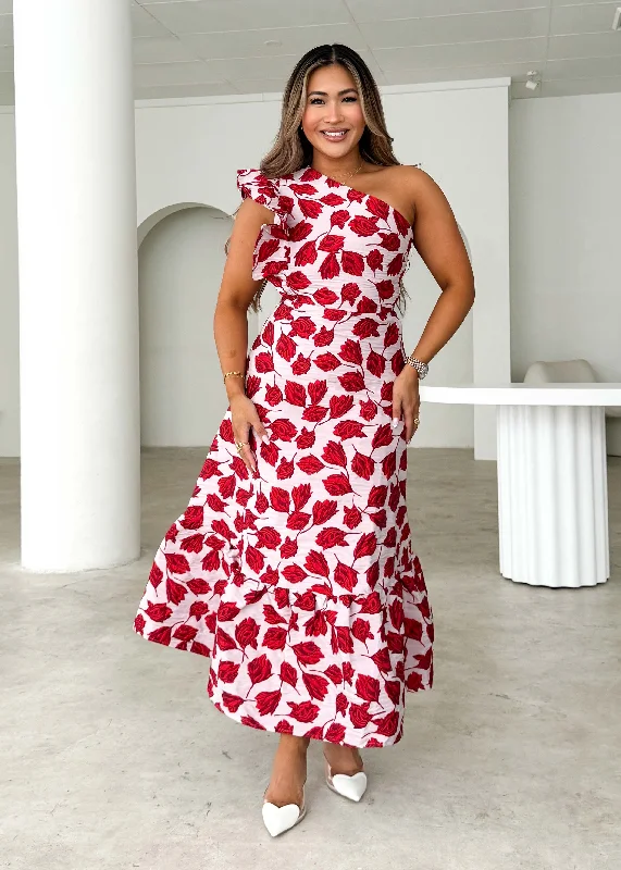 Midi dresses with asymmetric hems for a fashion - forward and dynamic appearanceFlorez One Shoulder Midi Dress - Red Rose Midi dresses with asymmetric hems for a fashion - forward and dynamic appearanceFlorez One Shoulder Midi Dress - Red Rose