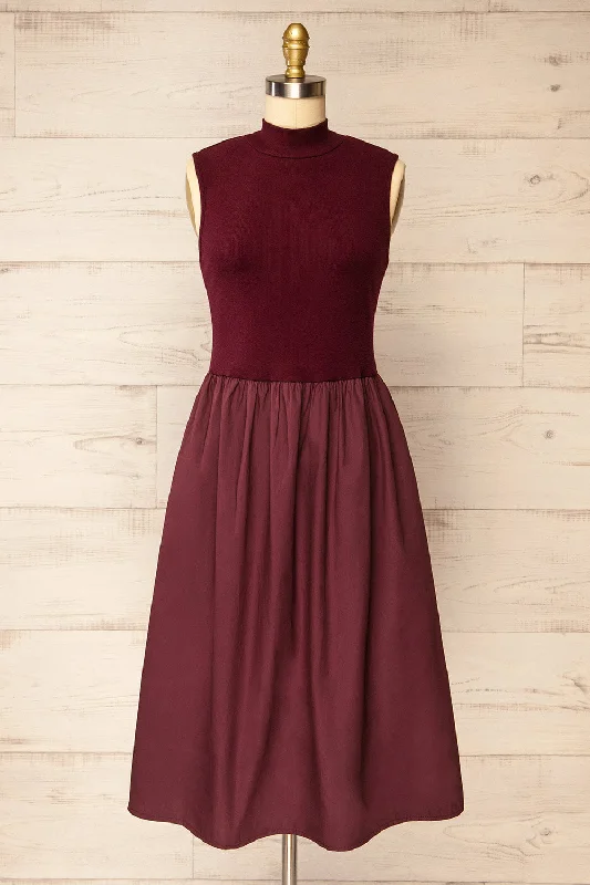 Midi dresses with ruched sleeves for a more fitted and stylish arm lookFrell Burgundy | Midi Dress w/ Mock Neck Midi dresses with ruched sleeves for a more fitted and stylish arm lookFrell Burgundy | Midi Dress w/ Mock Neck