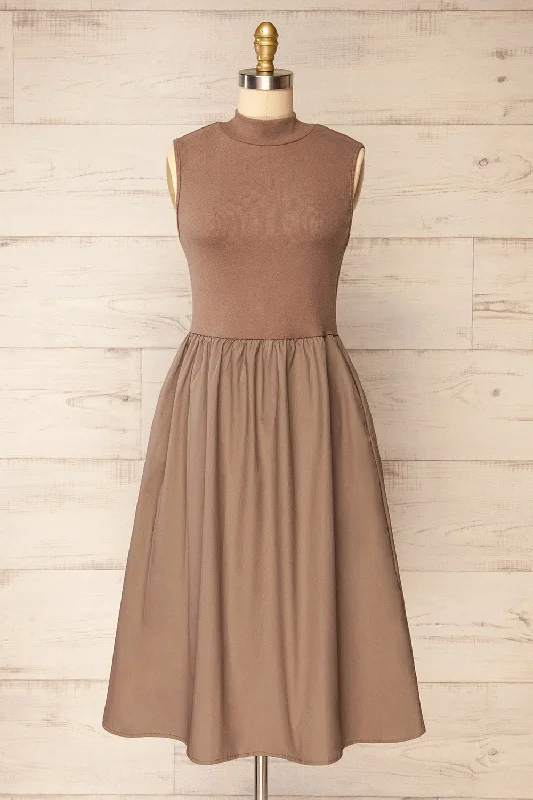 Midi dresses with polka dot prints for a playful summer outfitFrell Taupe | Midi Dress w/ Mock Neck