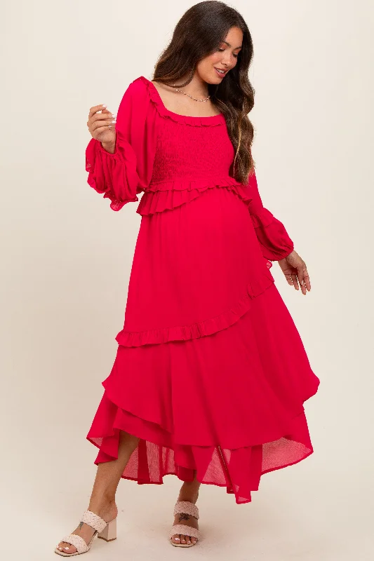 Midi dresses with sheer panels for a touch of allureFuchsia Smocked Ruffle Long Sleeve Maternity Midi Dress