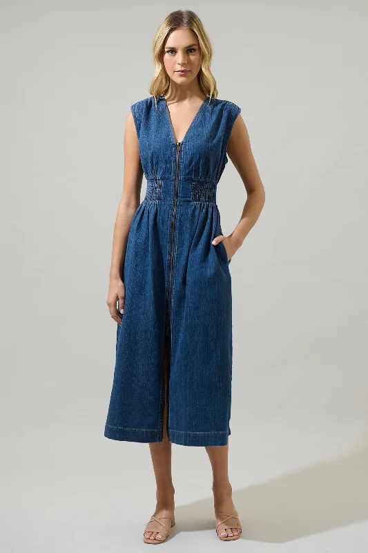 Midi dresses with ruffled hems for a romantic date nightGabriella Denim Lula Sleeveless Smocked Midi Dress