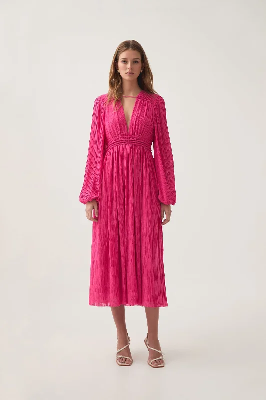 Midi dresses with pom - pom trims for a playful and festive lookGenevieve Pleated Midi Dress Midi dresses with pom - pom trims for a playful and festive lookGenevieve Pleated Midi Dress
