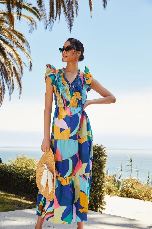 Midi dresses with ruffled sleeves for a more feminine and voluminous lookGia Abstract Sunfire Smocked Bodice Tiered Midi Dress