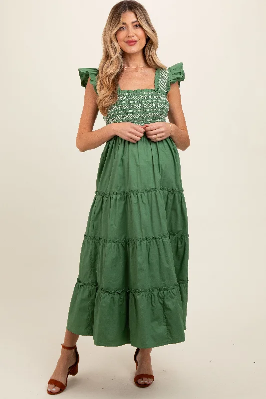 Midi dresses with ruched sleeves for a more fitted and stylish arm lookGreen Embroidered Smocked Maternity Midi Dress Midi dresses with ruched sleeves for a more fitted and stylish arm lookGreen Embroidered Smocked Maternity Midi Dress