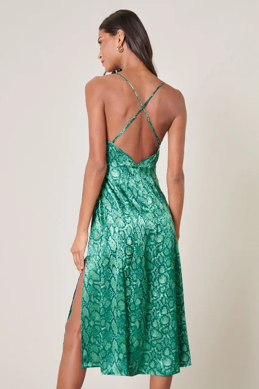 Midi dresses with wrap - around skirts for a customizable fitGwendolyn Snake Print Parting Ways Satin Midi Dress