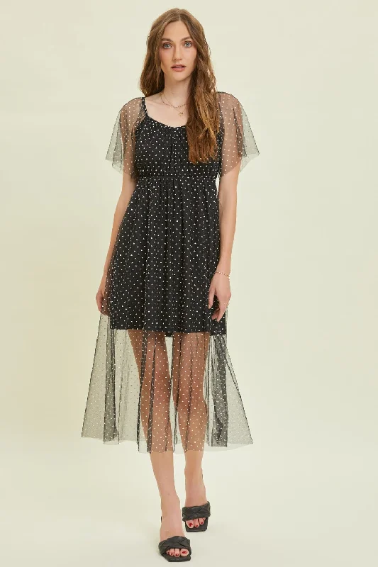 Midi dresses with pleated skirts for a timeless and elegant appealHeart Mesh Flare Sleeve Midi Dress Midi dresses with pleated skirts for a timeless and elegant appealHeart Mesh Flare Sleeve Midi Dress