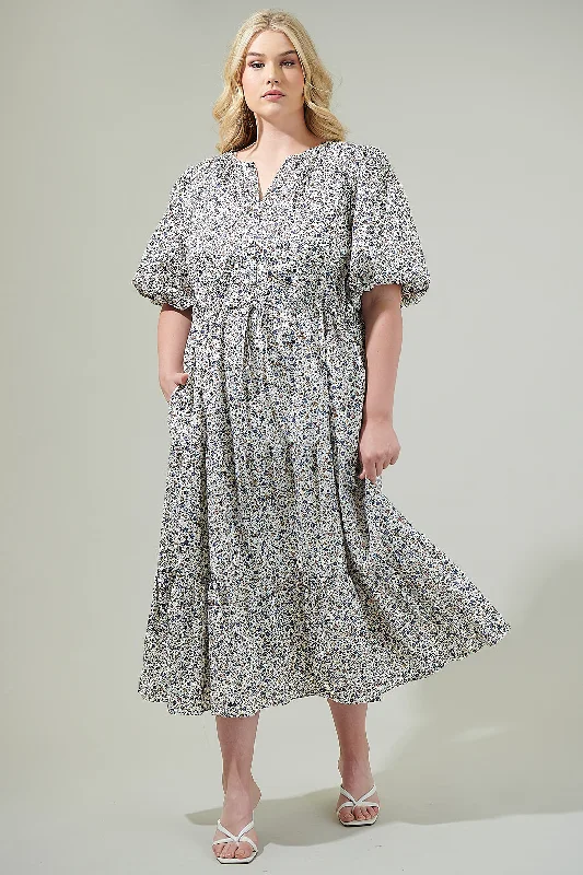 Midi dresses with ruched bodices for a feminine and fitted feelHeath Floral Balloon Sleeve Tiered Midi Dress Curve
