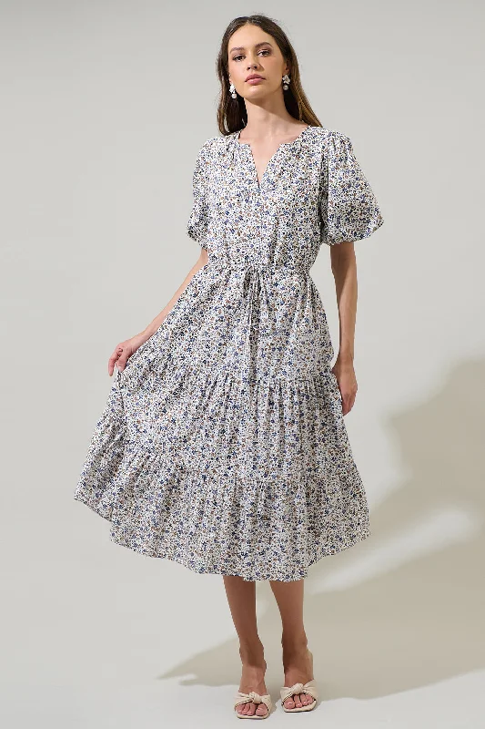 Midi dresses with cotton - blend materials for everyday comfortHeath Floral Balloon Sleeve Tiered Midi Dress