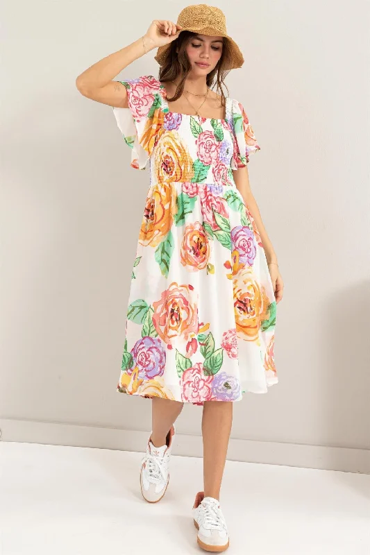 High - low midi dresses with geometric patterns for a modern partyFloral Flutter Sleeve Smocked Dress High - low midi dresses with geometric patterns for a modern partyFloral Flutter Sleeve Smocked Dress