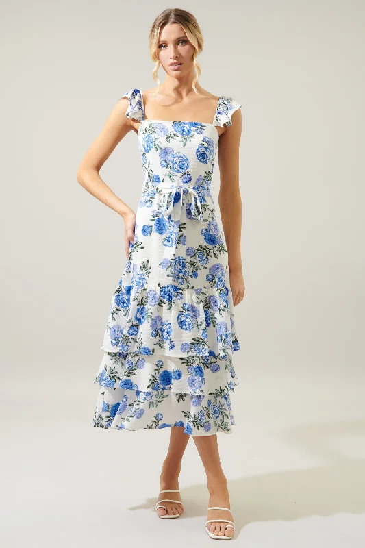 Midi dresses with metallic threads for a glamorous evening eventInessa Floral Guayana Tiered Midi Dress