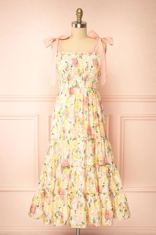 Midi dresses with lace - up fronts for a unique and adjustable styleIsaya | Colourful Midi Floral Dress
