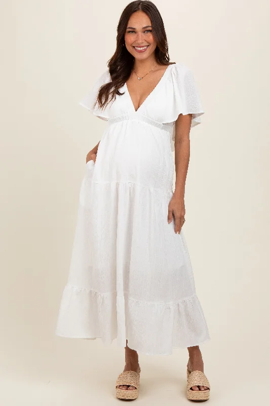 Midi dresses with geometric cutouts for a contemporary and edgy lookIvory Deep V-Neck Flutter Sleeve Tiered Maternity Midi Dress