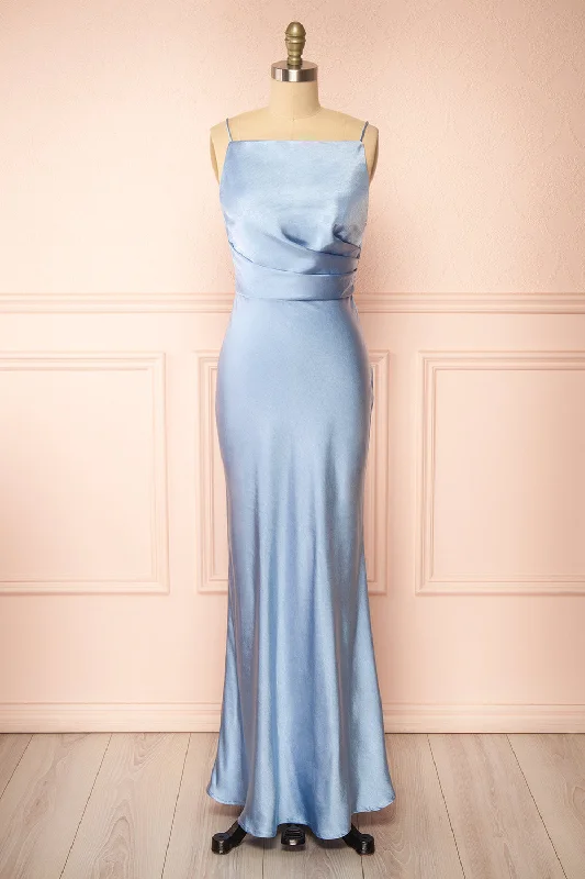 A - line midi dresses with floral prints for spring brunchesJazti Blue | Satin Maxi Dress
