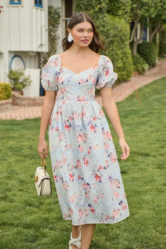Midi dresses with sheer panels for a touch of allureJosie Eyelet Floral Alessi Puff Sleeve Midi Dress Midi dresses with sheer panels for a touch of allureJosie Eyelet Floral Alessi Puff Sleeve Midi Dress