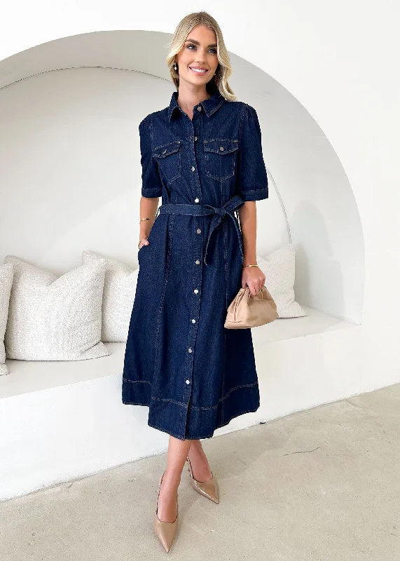 Midi dresses with belted waists to accentuate the figureKaily Denim Midi Dress - Indigo
