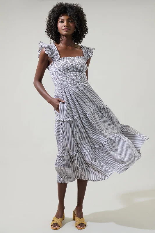 Midi dresses with cold - shoulder cutouts for a trendy styleKatie Striped Smocked Bodice Midi Dress Midi dresses with cold - shoulder cutouts for a trendy styleKatie Striped Smocked Bodice Midi Dress