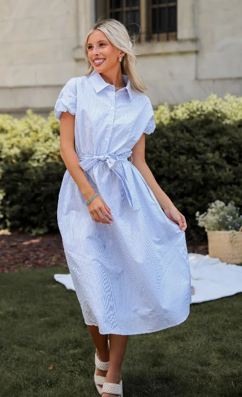 Midi dresses with pleated bodices for a classic and tailored lookFINAL SALE - Keep It Classic Light Blue Striped Midi Dress Midi dresses with pleated bodices for a classic and tailored lookFINAL SALE - Keep It Classic Light Blue Striped Midi Dress