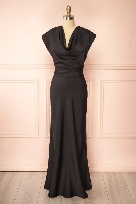 Midi dresses with asymmetric hems for a fashion - forward and dynamic appearanceKorpa Black | Satin Maxi Dress w/ Cowl Neck