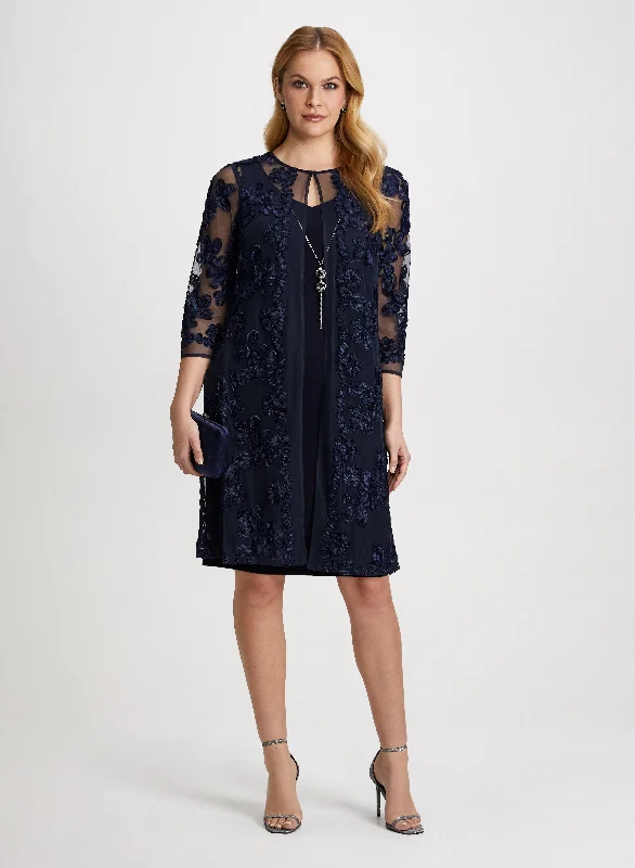 Sleeveless midi dresses with lace details for summer weddingsLace Jacket & Dress Set