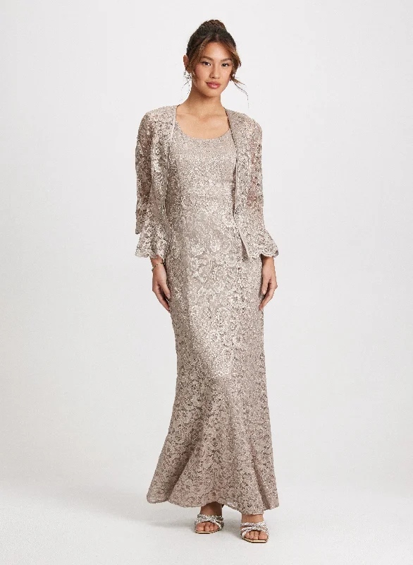 Midi dresses with button - front designs for a classic touchLace Jacket & Long Dress Set