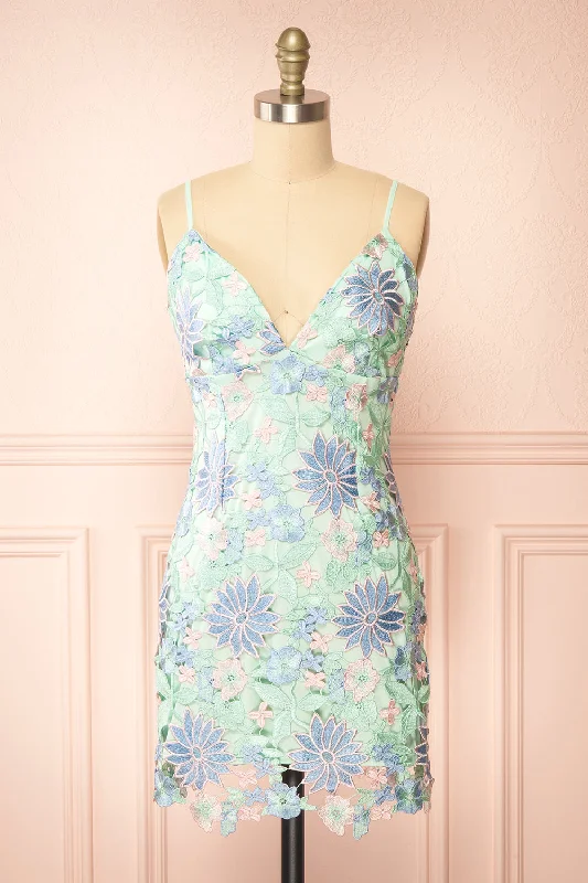 Midi dresses with ruffled sleeves for a more feminine and voluminous lookLacrymonia | Short Teal Floral Lace Dress