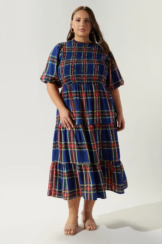 Midi dresses with pom - pom trims for a playful and festive lookLakeview Plaid Smocked Tiered Midi Dress Curve