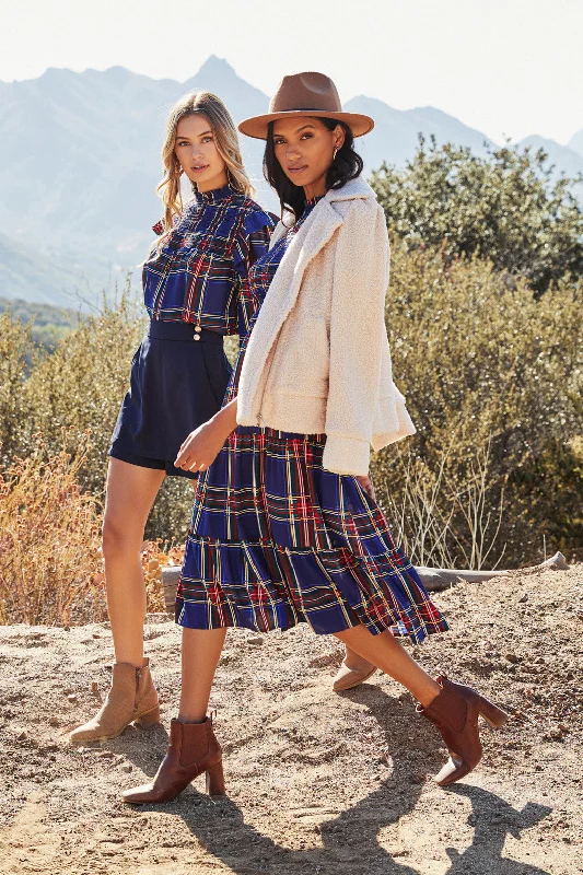 Midi dresses with V - necklines for a flattering and elongating effectLakeview Plaid Smocked Tiered Midi Dress