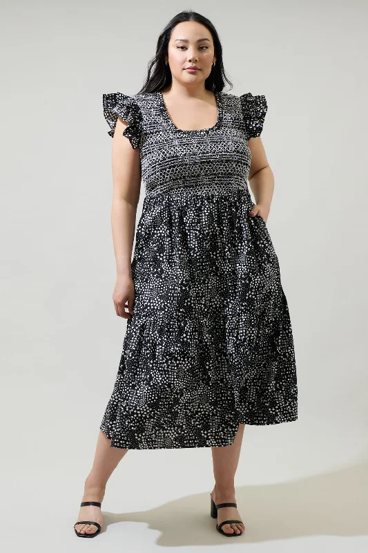 Midi dresses with V - necklines for a flattering and elongating effectLarsa Onyx Geometric Wendy Smocked Midi Dress Curve