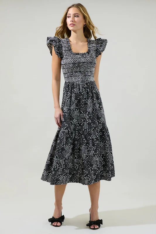 Midi dresses with ribbed textures for a unique and tactile appearanceLarsa Onyx Geometric Wendy Smocked Midi Dress