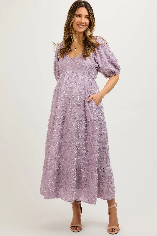 Midi dresses with empire waists for a flattering maternity optionLavender Fringe Textured Short Puff Sleeve Maternity Midi Dress