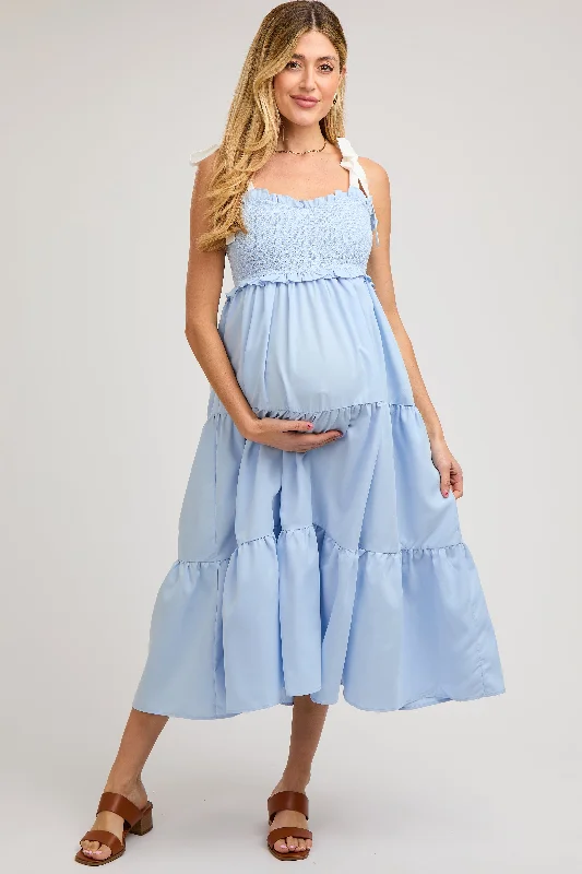 Midi dresses with ruffled sleeves for a more feminine and voluminous lookLight Blue Sleeveless Tiered Colorblock Strap Maternity Maxi Dress