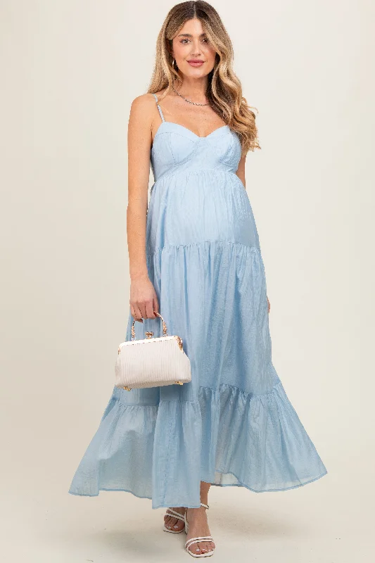 Midi dresses with keyhole backs for a flirty and unexpected detailLight Blue Sleeveless Tiered Maternity Maxi Dress Midi dresses with keyhole backs for a flirty and unexpected detailLight Blue Sleeveless Tiered Maternity Maxi Dress