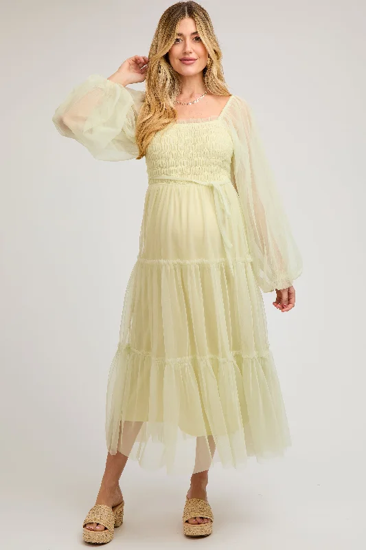 Midi dresses with empire waists for a flattering maternity optionLight Olive Mesh Tiered Long Sleeve Maternity Maxi Dress