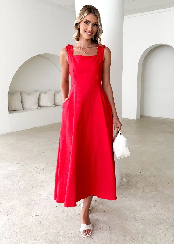 Midi dresses with empire waists for a flattering maternity optionLila Midi Dress - Red Midi dresses with empire waists for a flattering maternity optionLila Midi Dress - Red