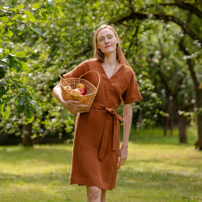Midi dresses with patchwork patterns for a one - of - a - kind styleLinen Wrap Dress Eliana Almond Brown