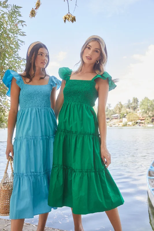 Sheath midi dresses with beaded embellishments for a formal occasionLou Smocked Tiered Midi Dress