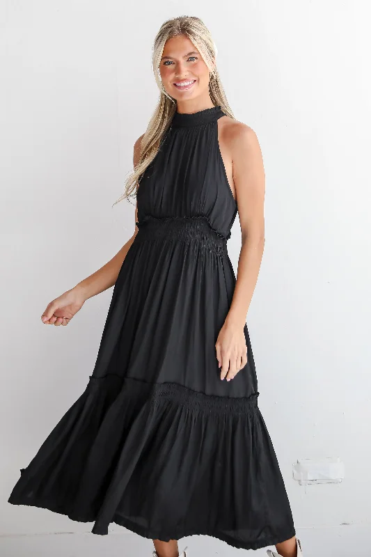A - line midi dresses with floral prints for spring brunchesFINAL SALE - Lovely Intuition Black Satin Midi Dress A - line midi dresses with floral prints for spring brunchesFINAL SALE - Lovely Intuition Black Satin Midi Dress