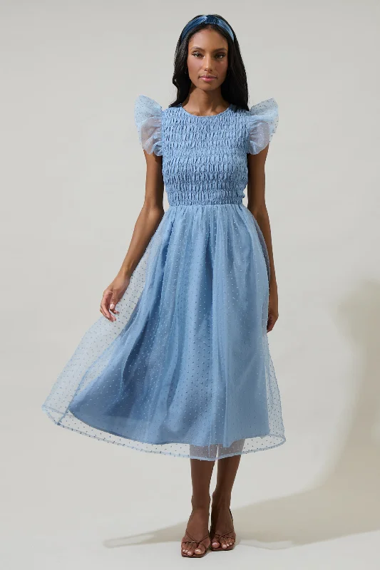 Midi dresses with ribbed textures for a unique and tactile appearanceLucille Organza Dot Smocked Midi Dress