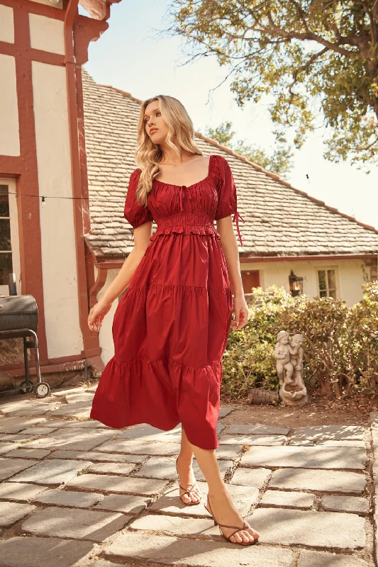 Velvet midi dresses in jewel tones for a glamorous winter eventMaribeth Poplin Puff Sleeve Tiered Midi Dress