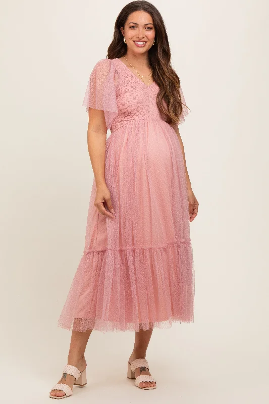 Midi dresses with metallic threads for a glamorous evening eventMauve Dotted Tulle Smocked Maternity Midi Dress Midi dresses with metallic threads for a glamorous evening eventMauve Dotted Tulle Smocked Maternity Midi Dress
