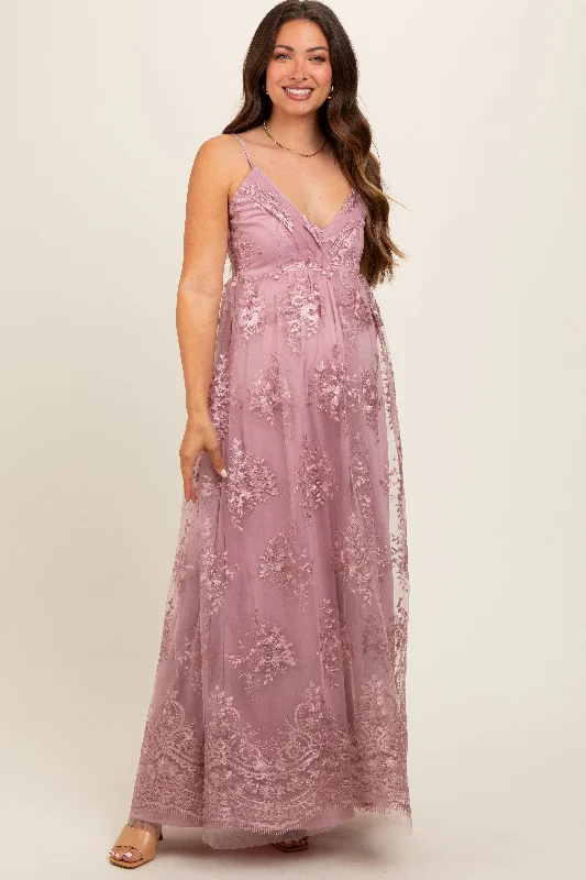 Midi dresses with pleated skirts for a timeless and elegant appealMauve Floral Lace Overlay Maternity Maxi Dress Midi dresses with pleated skirts for a timeless and elegant appealMauve Floral Lace Overlay Maternity Maxi Dress