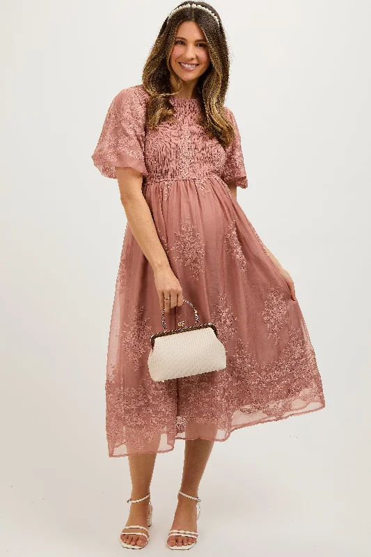 Plaid midi dresses for a fall - themed family gatheringMauve Floral Lace Smocked Maternity Midi Dress