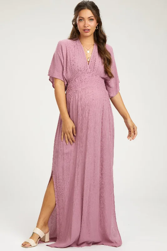 Midi dresses with cold - shoulder cutouts for a trendy styleMauve Lightweight Deep V-Neck Maternity Maxi Dress