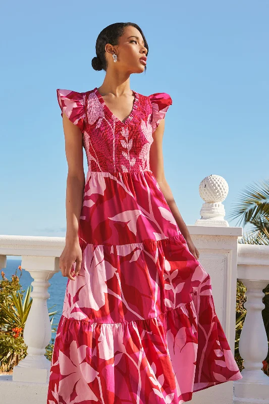 A - line midi dresses with floral prints for spring brunchesMila Floral Sunfire Smocked Bodice Tiered Midi Dress