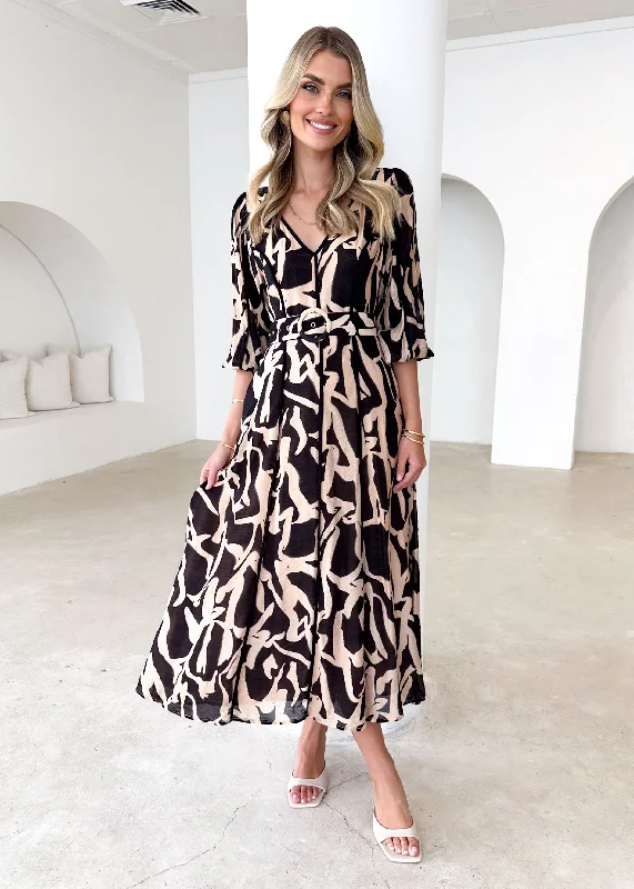Midi dresses with cold - shoulder cutouts for a trendy styleMimska Midi Dress - Black Abstract