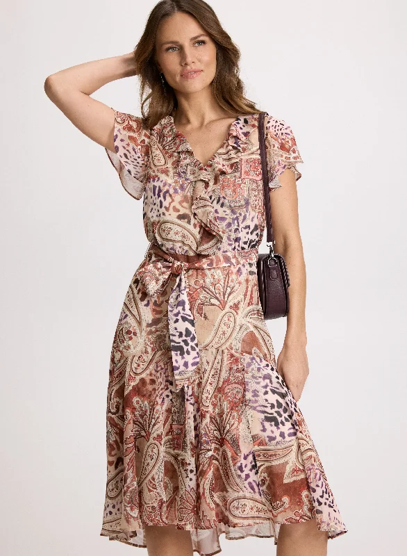 Midi dresses with gathered skirts for a full and flowing silhouetteMixed Print Chiffon Dress